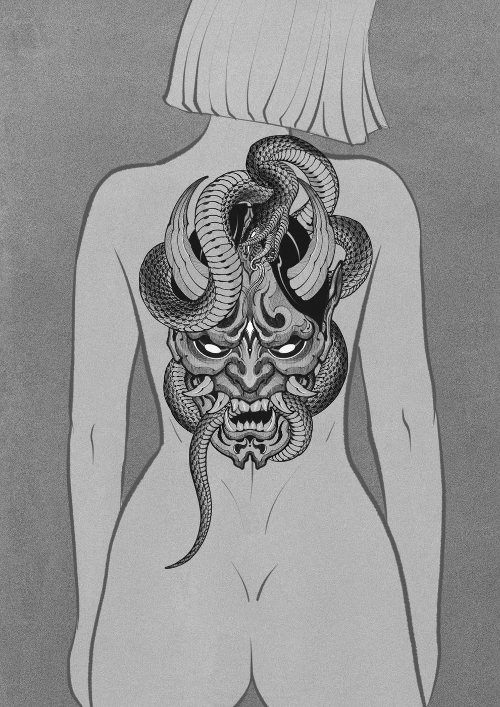 Wolny projekt tatuażu: Hannya i węże — plecy, Tattoo Euforia Bielsko-Biała