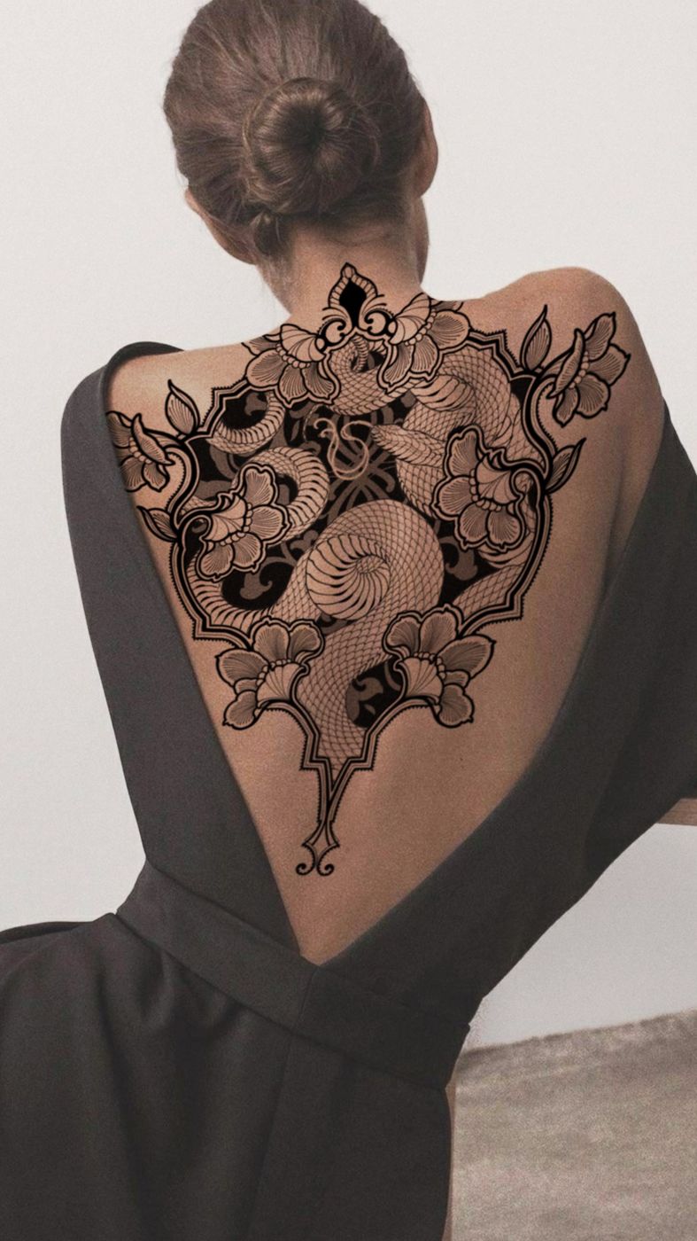 Wolny projekt tatuażu: Ornament z kwiatami — plecy, Tattoo Euforia Bielsko-Biała